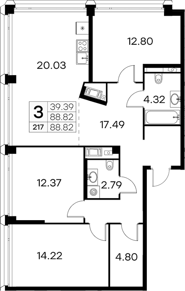 3-комнатная квартира 88.82 м², 18/19 эт., ЖК «GloraX Aura Vasileostrovsky»